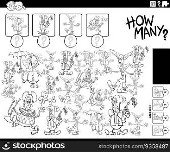 Black and white illustration of educational counting activity with cartoon clowns characters coloring page