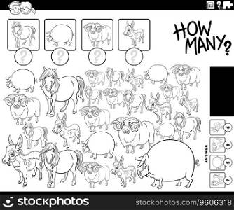 Black and white illustration of educational counting activity with cartoon farm animal characters coloring page