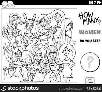 Black and white Illustration of educational counting activity with cartoon women characters group coloring page