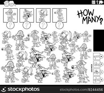 Black and white illustration of educational counting activity with funny cartoon pirates characters coloring page