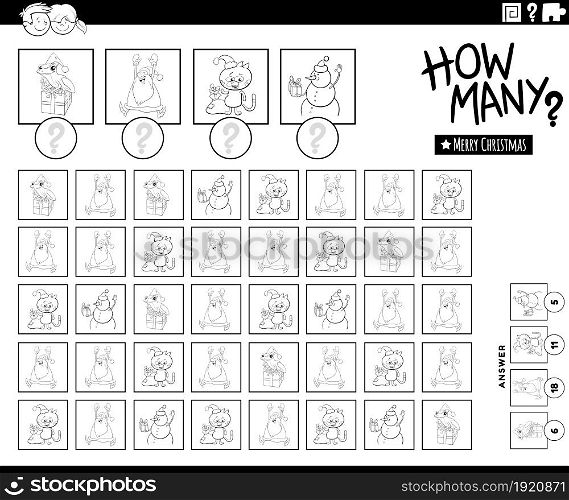 Black and white illustration of educational counting game for children with cartoon Christmas characters coloring book page