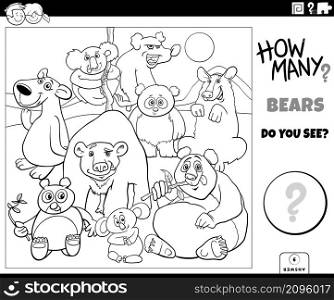Black and white illustration of educational counting game for children with cartoon bears animal characters group coloring book page