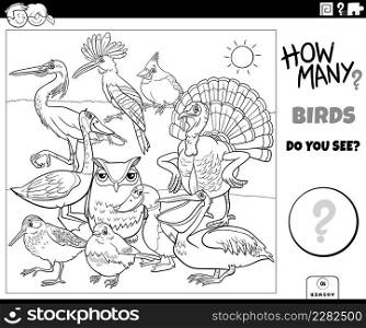 Black and white illustration of educational counting game for children with cartoon birds animal characters group coloring book page