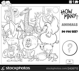 Black and white illustration of educational counting game for children with cartoon wild animal characters group coloring book page