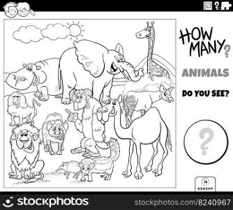 Black and white illustration of educational counting game for children with cartoon wild animals characters group coloring book page