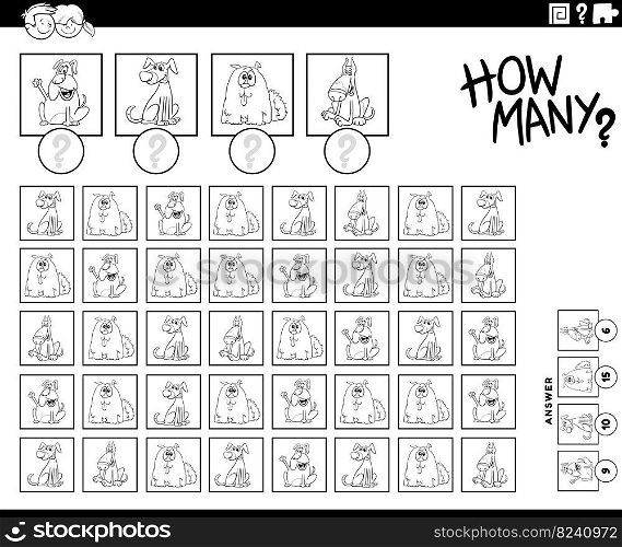 Black and white illustration of educational counting game for children with cartoon dogs animal characters coloring page