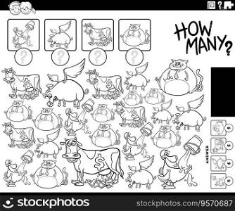 Black and white illustration of educational counting game with cartoon animal characters and sayings coloring page