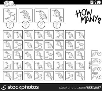 Black and white illustration of educational counting game with cartoon bird characters coloring page