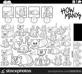 Black and white illustration of educational counting game with cartoon cats animal characters coloring page