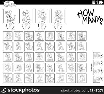 Black and white illustration of educational counting game with cartoon dogs animal characters coloring page