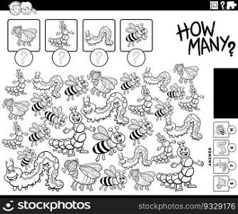 Black and white illustration of educational counting game with cartoon insects animal characters coloring page
