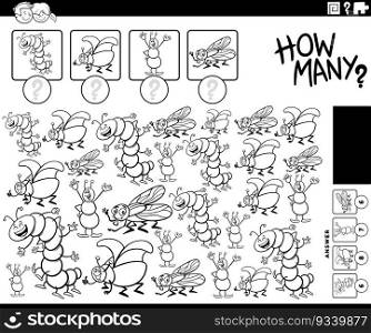Black and white illustration of educational counting game with cartoon insects animal characters coloring page