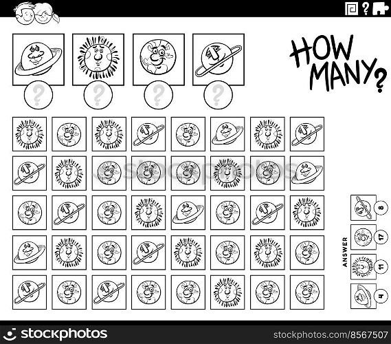 Black and white illustration of educational counting game with cartoon planets characters coloring page