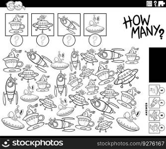 Black and white illustration of educational counting game with funny cartoon aliens characters with ufo coloring page