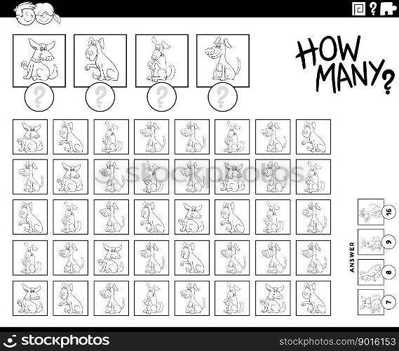 Black and white illustration of educational counting game with funny cartoon dogs animal characters coloring page