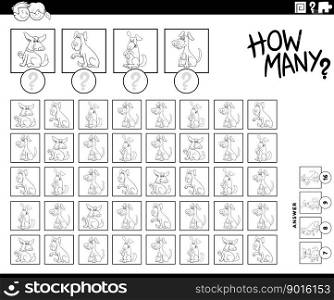 Black and white illustration of educational counting game with funny cartoon dogs animal characters coloring page