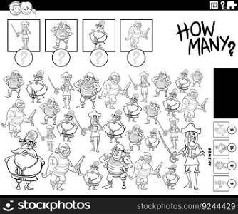 Black and white illustration of educational counting game with funny cartoon pirates characters coloring page