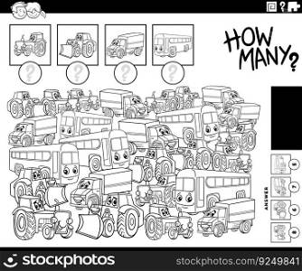 Black and white illustration of educational counting game with funny cartoon vehicles characters coloring page