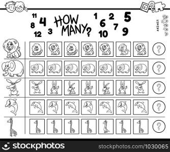 Black and White Illustration of Educational Counting Task for Children with Cartoon Animal Characters Coloring Book