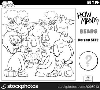 Black and white illustration of educational counting task for children with cartoon bears animal characters group coloring book page