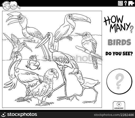 Black and white illustration of educational counting task for children with cartoon birds animal characters group coloring book page