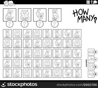 Black and white illustration of educational counting task for children with cartoon cats or kittens animal characters coloring book page