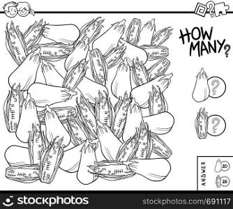 Black and White Illustration of Educational Counting Task for Children with Eggplants and Corns on the Cobs Coloring Book
