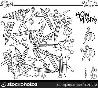 Black and White Illustration of Educational Counting Task for Children with Pencils and Scissors Coloring Book
