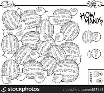 Black and White Illustration of Educational Counting Task for Children with Watermelons and Lemons Coloring Book