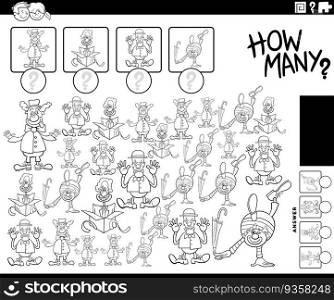 Black and white illustration of educational counting task with cartoon clowns characters coloring page