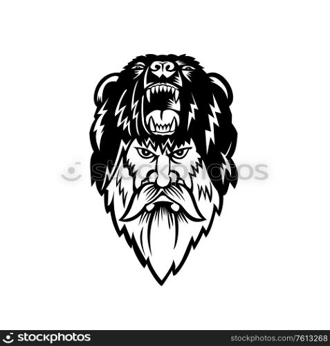 Black and White illustration of head of a berserker or bear warrior wearing bear skin viewed from front on isolated background in retro style.. Berserker Wearing Bear Head Skin Black and White