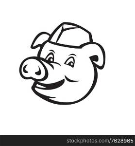 Black and white illustration of head of a butcher pig smiling wearing cap facing front set on isolated white background done in cartoon style. . Head of Butcher Pig Wearing Hat Smiling Cartoon Black and White