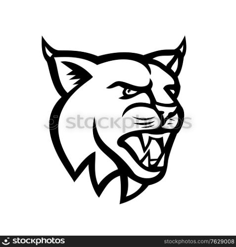 Black and white illustration of head of a lynx, Canada lynx, Eurasian lynx or Bobcat,a medium-sized wild cat viewed from side on isolated background in retro style.. Bobcat or Eurasian Lynx Cat Head Side View Mascot Black and White