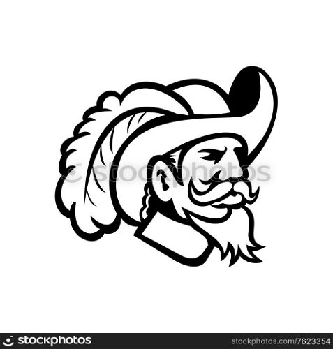 Black and white illustration of head of a musketeer or cavalier wearing a cavalier hat that is wide-brimmed and trimmed with an ostrich plume viewed from side on isolated background in retro style.. Head of a Cavalier or Musketeer Viewed from Side Mascot Black and White