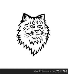 Black and white illustration of head of a Siberian Forest Cat, Moscow Semi-longhair, or Neva Masquerade, a medium to large size cat viewed from front on isolated background in retro style.. Head of Siberian Forest Cat Mascot Black and White