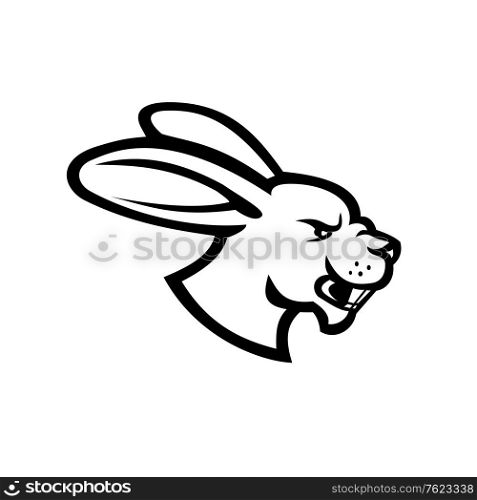 Black and white illustration of head of an angry hare, jackrabbit or rabbit viewed from side on isolated background in retro style.. Angry Jackrabbit Hare Rabbit Head Side View Mascot Black and White
