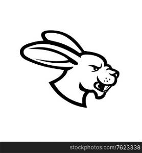Black and white illustration of head of an angry hare, jackrabbit or rabbit viewed from side on isolated background in retro style.. Angry Jackrabbit Hare Rabbit Head Side View Mascot Black and White