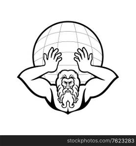 Black and white illustration of head of Atlas, a Titan in Greek god mythology holding up the world or globe the viewed from front on isolated background in retro style.. Atlas Holding Up World Front View Mascot Black and White