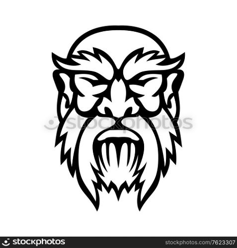 Black and white illustration of head of Cronus or Kronos, a son of Uranus and Ge, and the youngest among the Titans and Greek mythology god viewed from front on isolated background in retro style.. Head of Cronus Greek God Front View Mascot Black and White