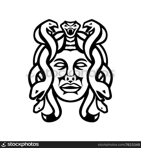Black and white illustration of head of Medusa, in Greek mythology, a monster, a Gorgon, described as a winged human female with living venomous snakes in place of hair viewed from front in retro style.. Head of Medusa Greek Goddess Front View Mascot Black and White