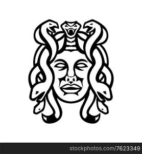 Black and white illustration of head of Medusa, in Greek mythology, a monster, a Gorgon, described as a winged human female with living venomous snakes in place of hair viewed from front in retro style.. Head of Medusa Greek Goddess Front View Mascot Black and White