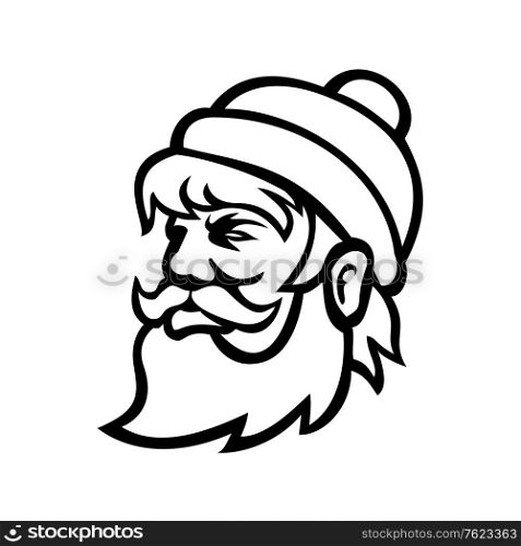 Black and White illustration of head of Paul Bunyan, a giant lumberjack in American folklore viewed from side on isolated background in retro style.. Head of Paul Bunyan Lumberjack Side View Mascot Black and White