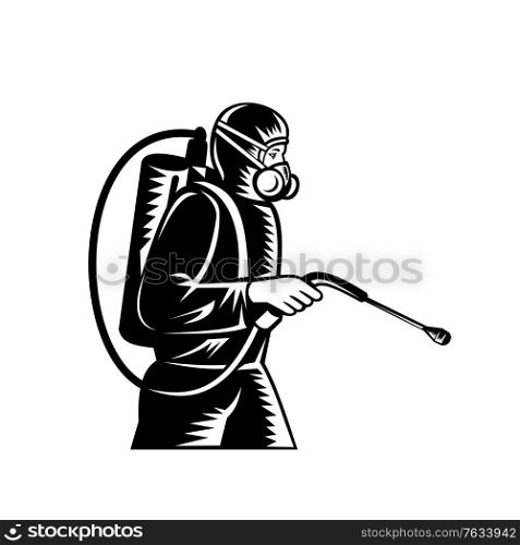 Black and white illustration of pest control exterminator spraying side view on isolated background done in retro woodcut style.. Pest Control Exterminator Spraying Side Retro Woodcut Black and White