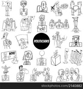 Black and white illustration of politicians characters and conceptual cartoons set coloring page