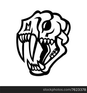 Black and white illustration of skull head of a saber-toothed cat or sabre-tooth viewed from side on isolated background in retro style.. Skull of Saber-toothed Cat Mascot Black and White