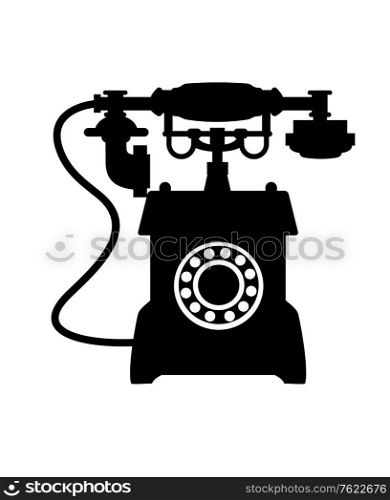 Black and white illustration of the silhouette of an old vintage telephone with a mouthepiece handset resting on a cradle
