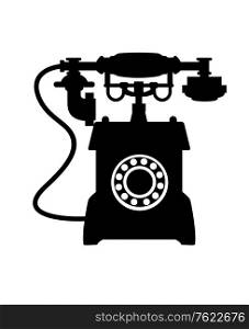 Black and white illustration of the silhouette of an old vintage telephone with a mouthepiece handset resting on a cradle