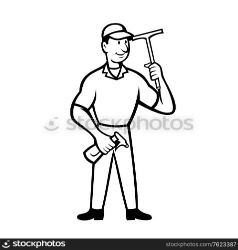 Black and white illustration of window cleaner with squeegee and spray bottle on isolated background done in cartoon style.. Window Cleaner Holding Squeegee and Spray Bottle Cartoon Black and White