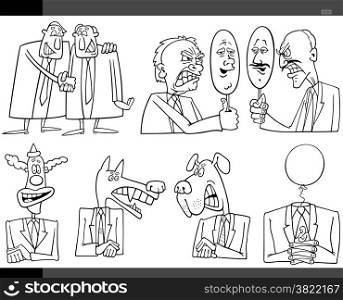 Black and White Illustration Set of Humorous Cartoon Concepts or and Metaphors of Politics and Politicians