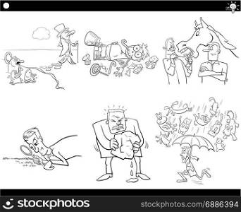Black and White Illustration Set of Humorous Cartoon Concepts or Ideas and Metaphors with Comic Characters